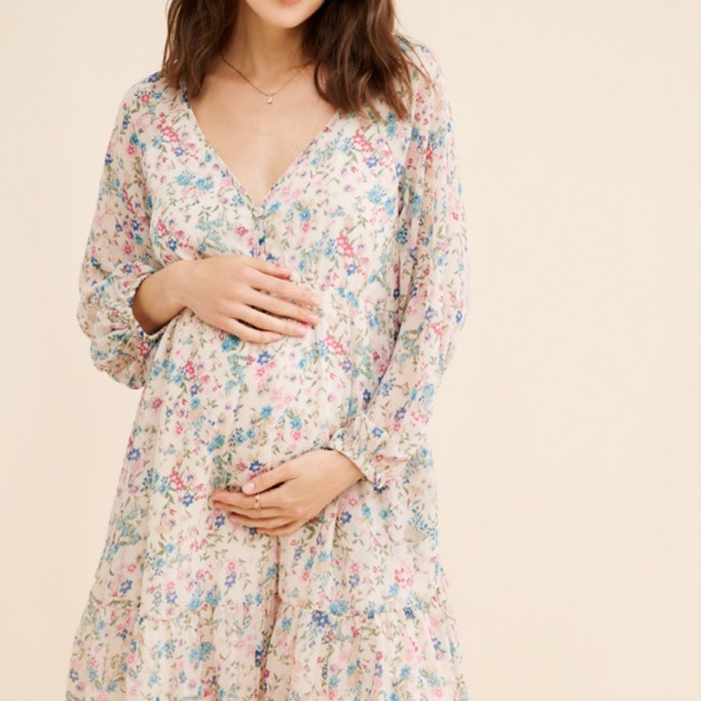 HATCH Kelsey Dress Maternity Floral Long Sleeve Dress - Cream and Blue Medium